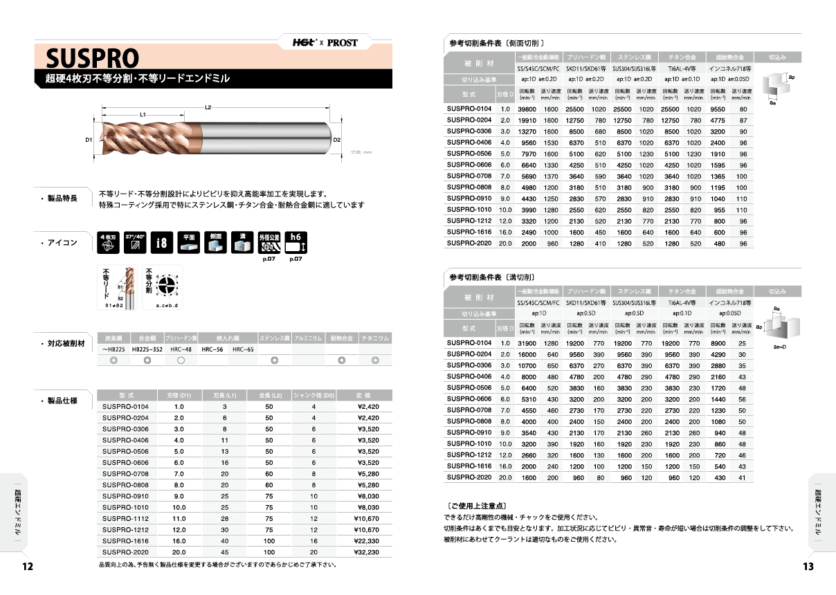 超硬4枚刃不等分割不等リードエンドミル：SUSPRO | ドリル・エンドミルなら株式会社プロスト